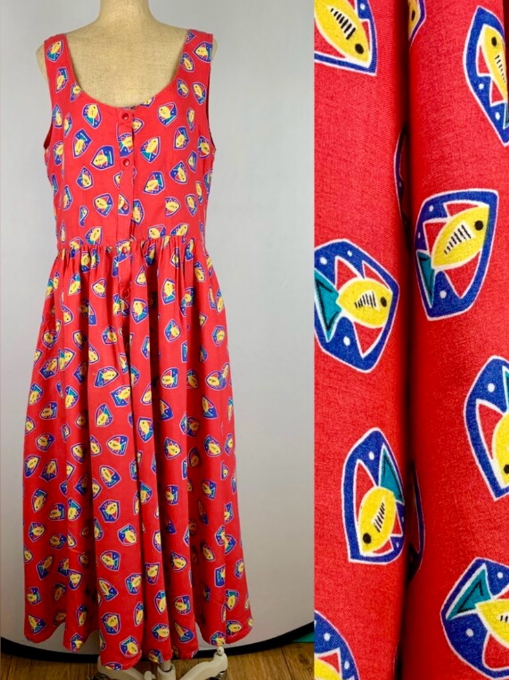 Vintage 90's Red Rayon Reef Fish Print Dress Size Small Oversized Basque Waist